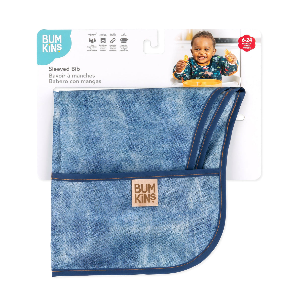 Denim Print Sleeved Bib, Machine Washable, Lightweight | Bumkins