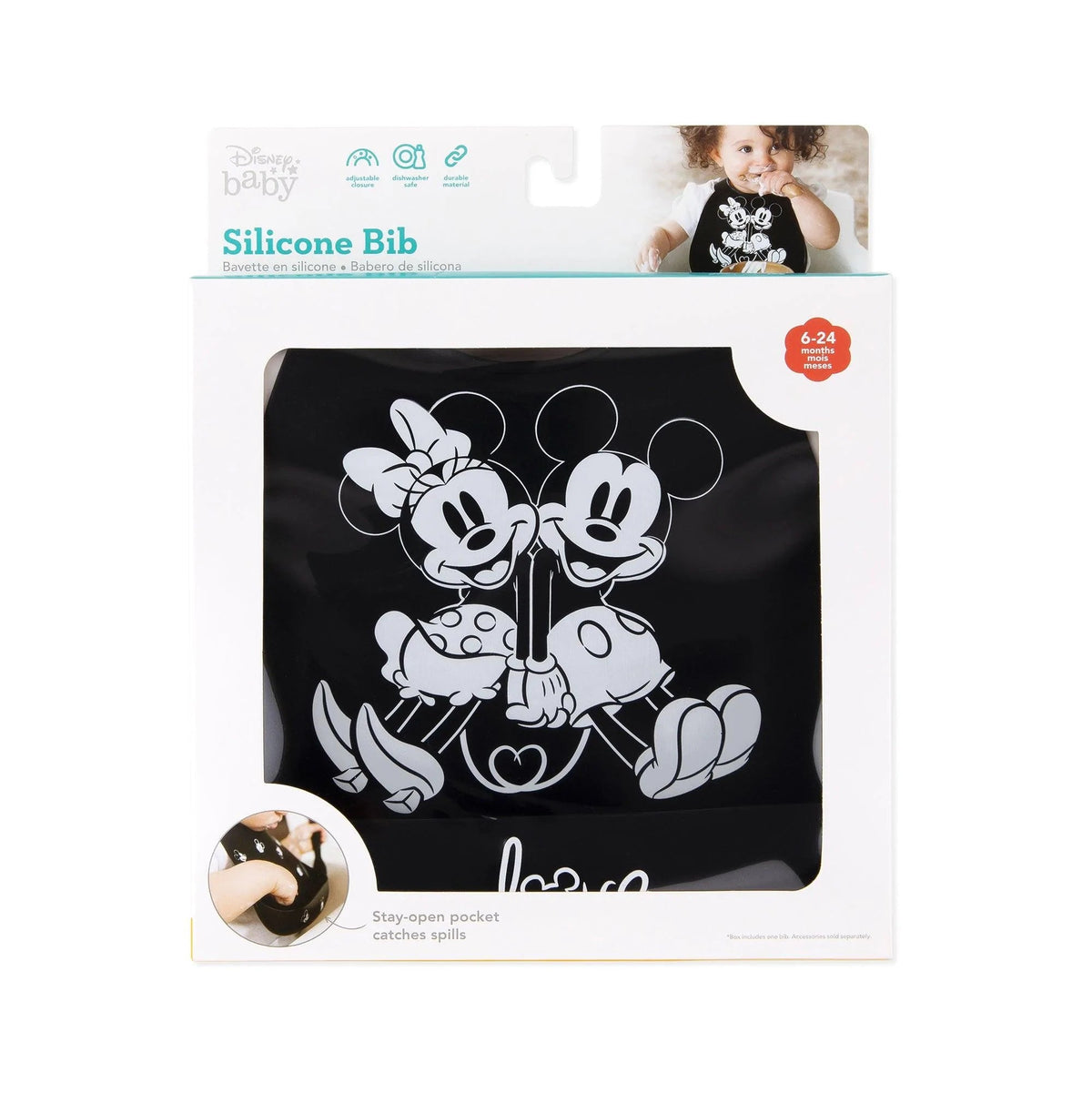 Mickey and Minnie Love Print B+W Silicone Bib For 6-24 Mos | Bumkins