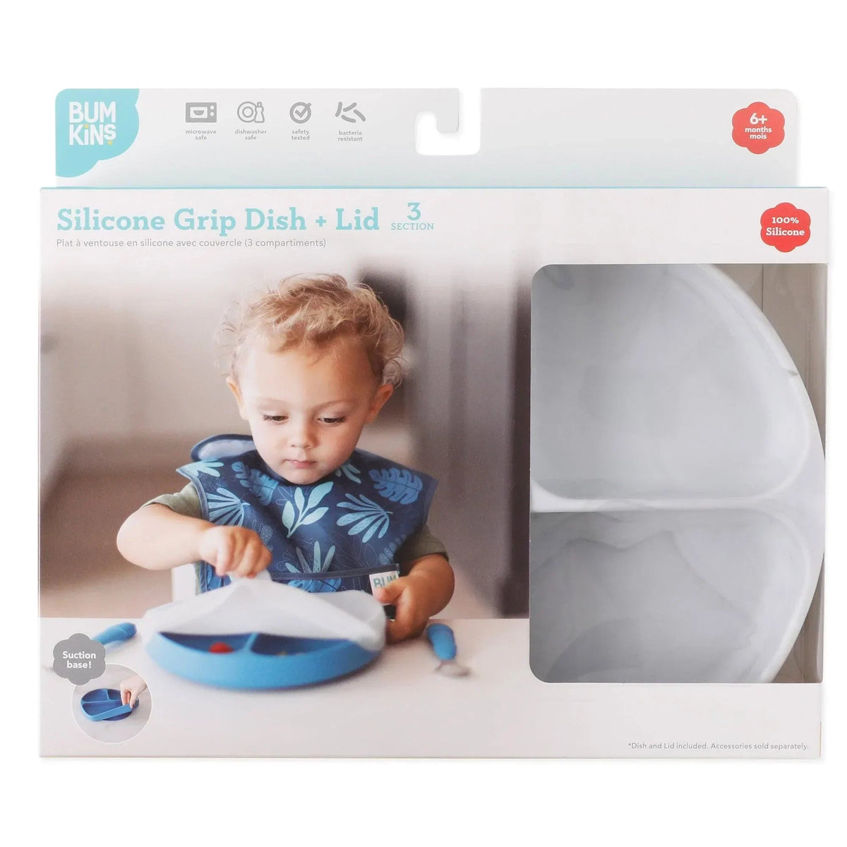 Safe & Stylish Silicone Divided Plate with Lid in Marble | Bumkins