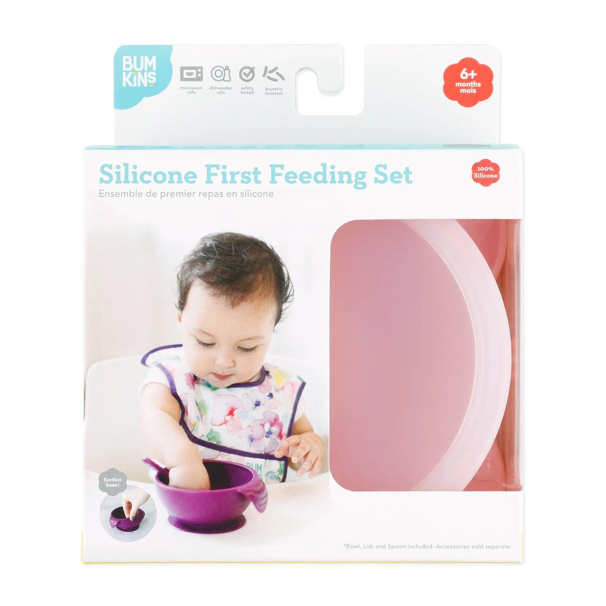 Pink Silicone Suction First Feeding Set with Bowl, Spoon + Lid | Bumkins