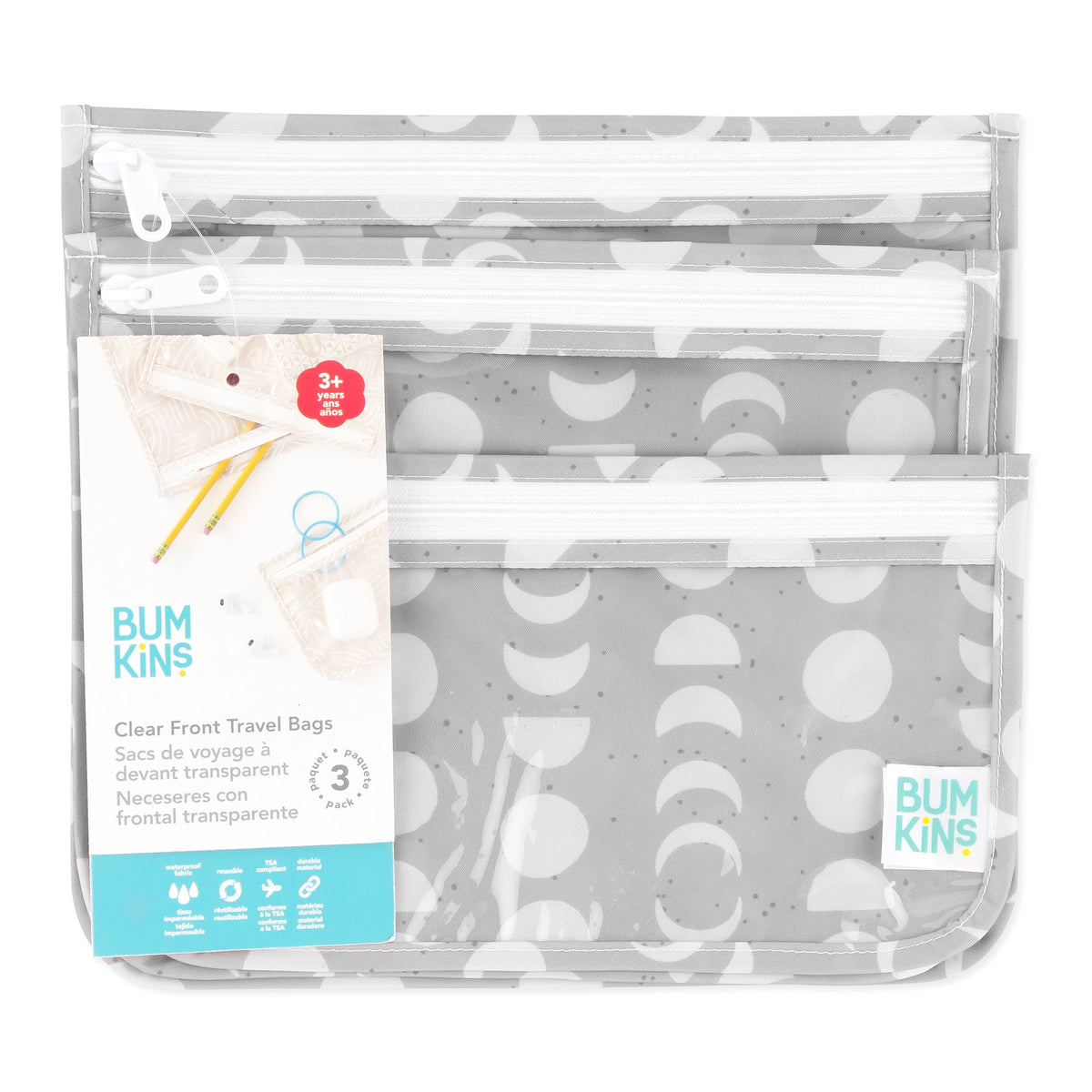TSA-Friendly, Waterproof Clear Travel Bag 3 Pack, Lunar Phase | Bumkins