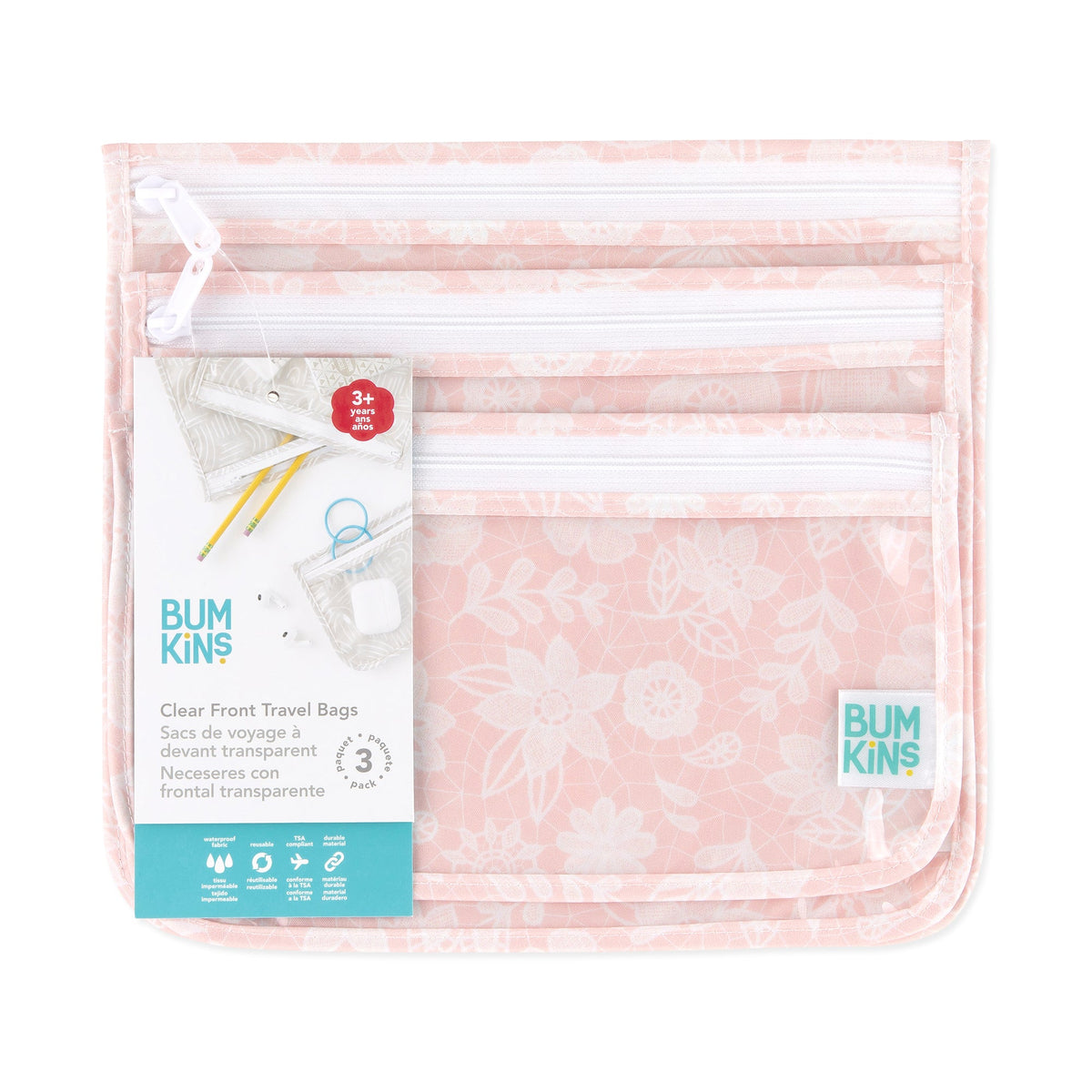 Clear-Sided Travel Bags in Elegant Pink Lace Print | Bumkins