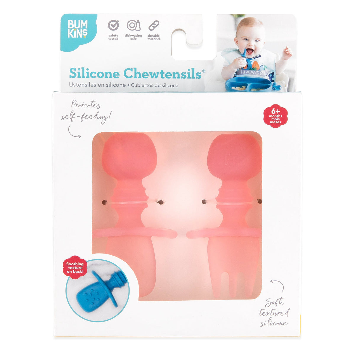 Soft Silicone Training Spoon + Fork for Babies, Pink Jelly | Bumkins