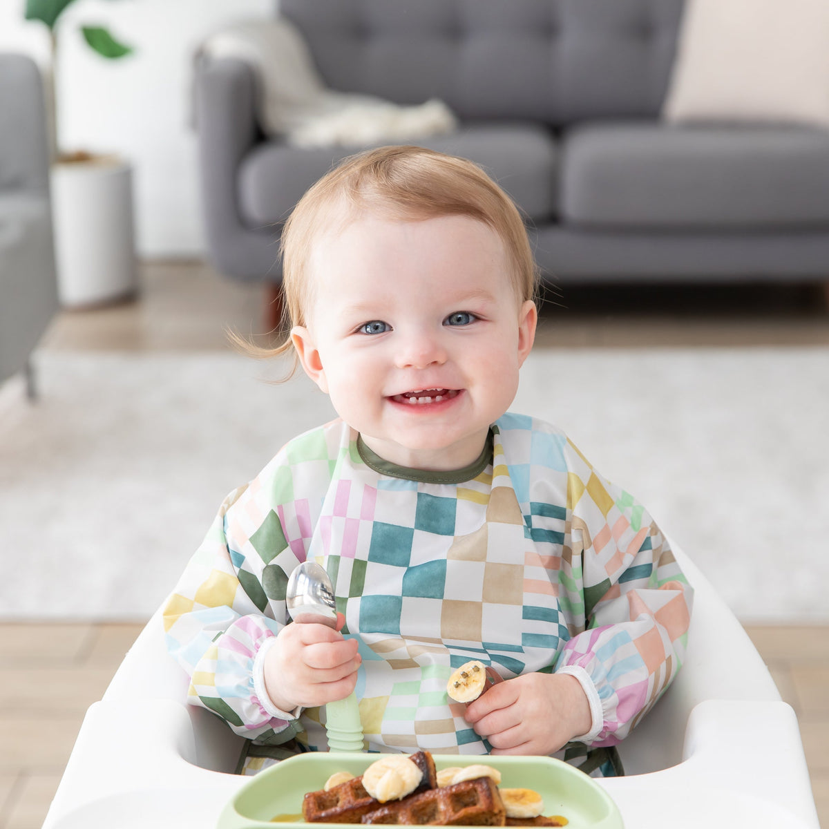 Motley Check Sleeved Bib | Waterproof, Reusable | Bumkins