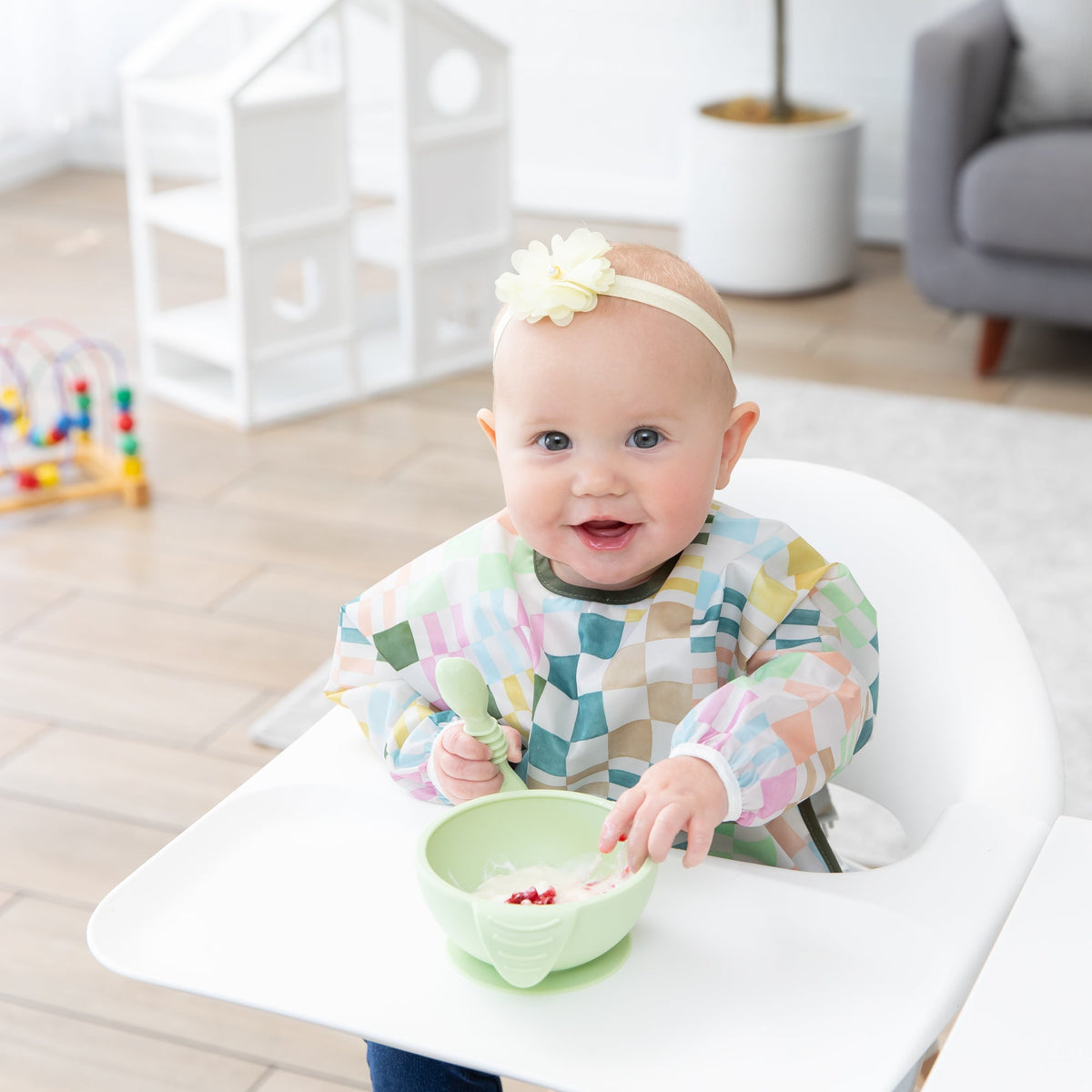Motley Check Sleeved Bib | Waterproof, Reusable | Bumkins