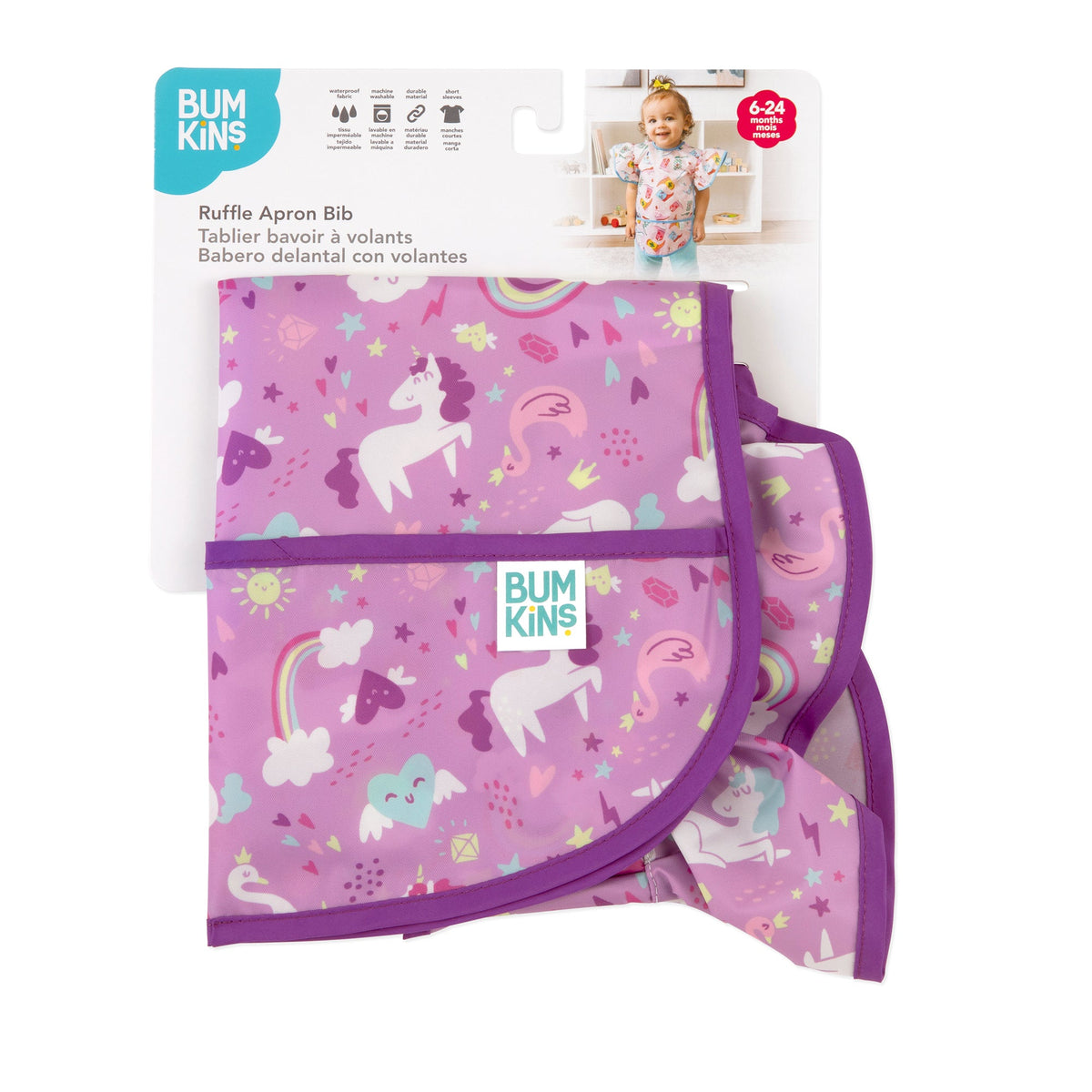 Ruffle Apron Bib: Unicorns | Waterproof, Machine Washable | Bumkins