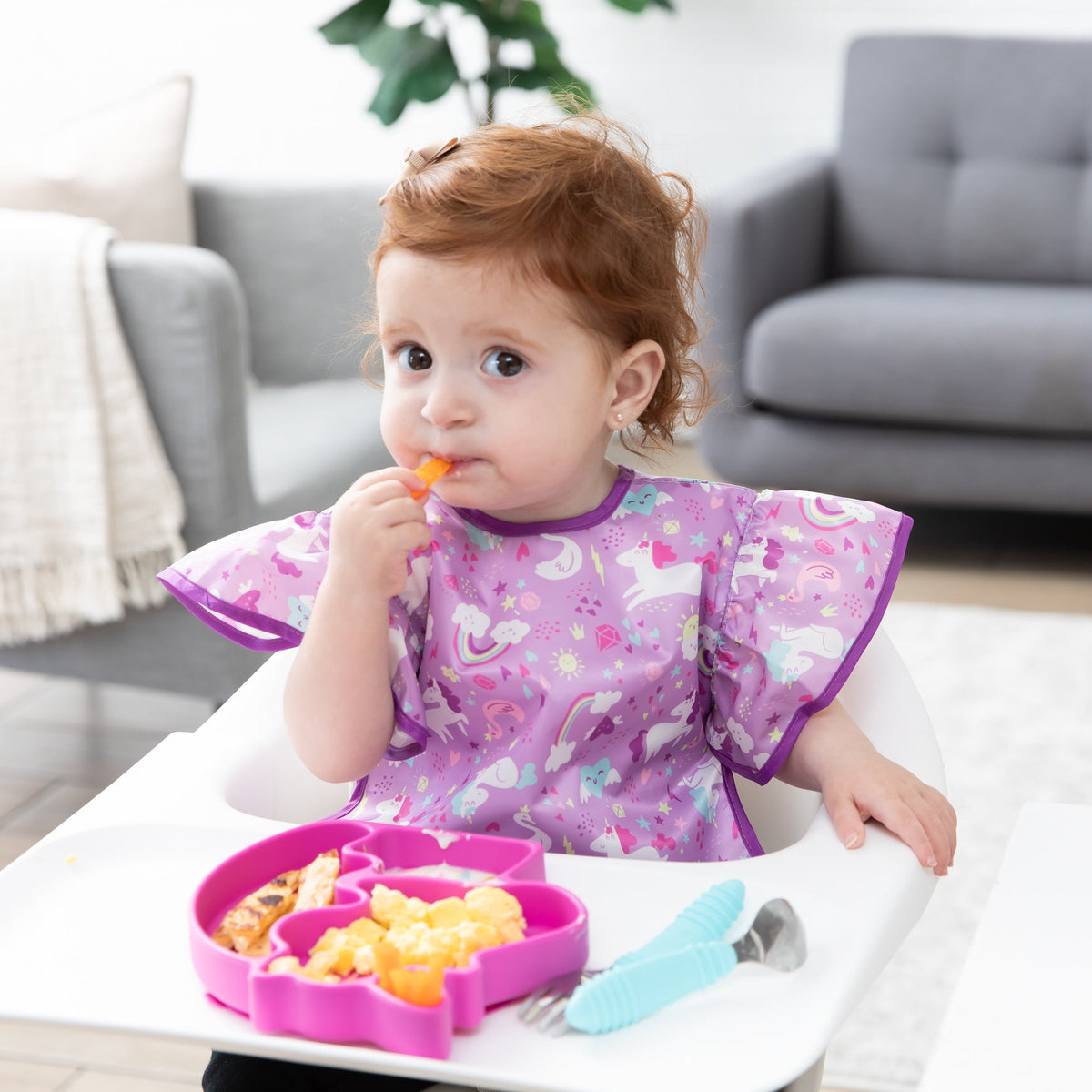 Ruffle Apron Bib: Unicorns | Waterproof, Machine Washable | Bumkins