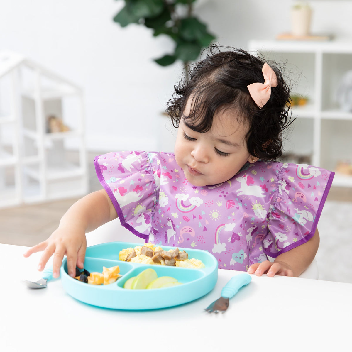 Ruffle Apron Bib: Unicorns | Waterproof, Machine Washable | Bumkins