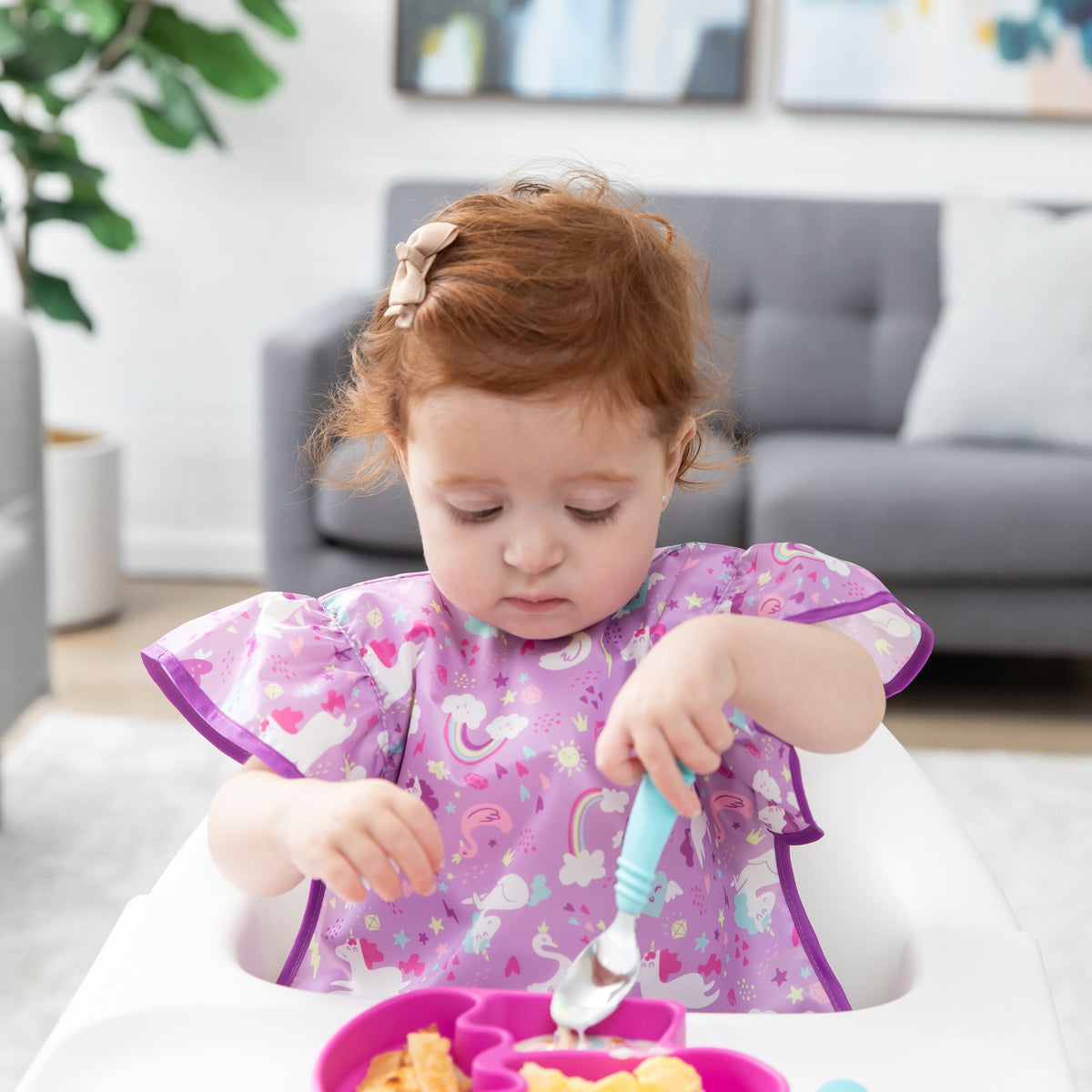 Ruffle Apron Bib: Unicorns | Waterproof, Machine Washable | Bumkins
