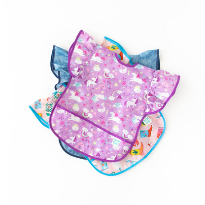 Ruffle Apron Bib: Unicorns | Waterproof, Machine Washable | Bumkins