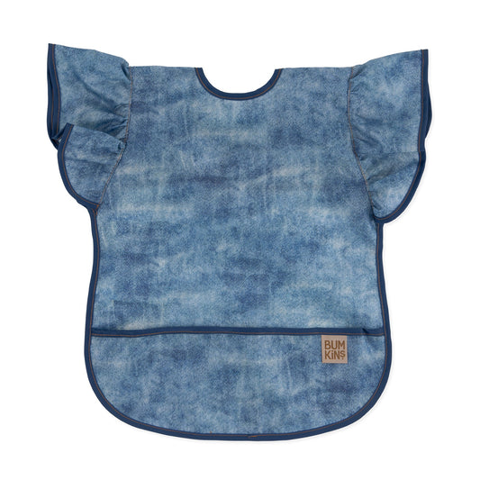 Denim Print Ruffle Apron Bib | Waterproof, Lightweight | Bumkins