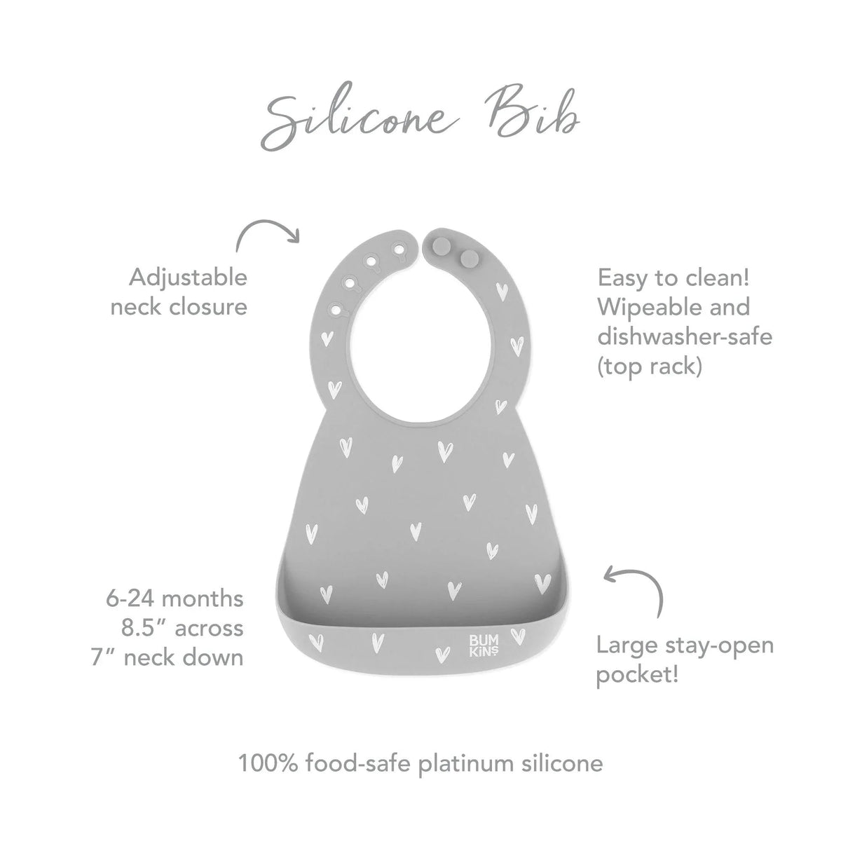 Hearts Silicone Baby Bib 6-24 mos | XOXO Collection | Bumkins