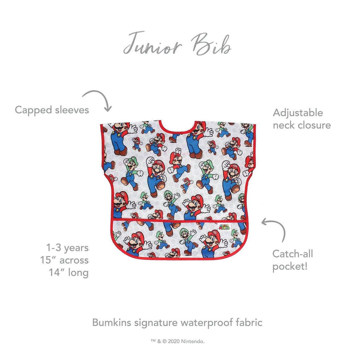 Super Mario & Luigi Short Sleeve Junior Bib for Baby & Toddler | Nintendo Baby | Bumkins