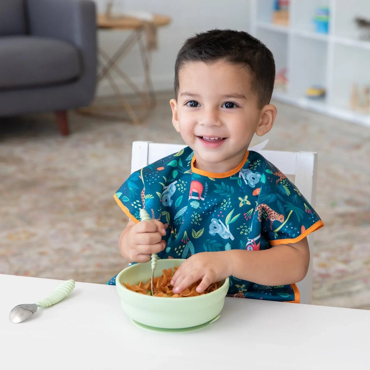 Short Sleeve Jungle Print Feeding Bib For Toddlers 1-3 yrs | Bumkins