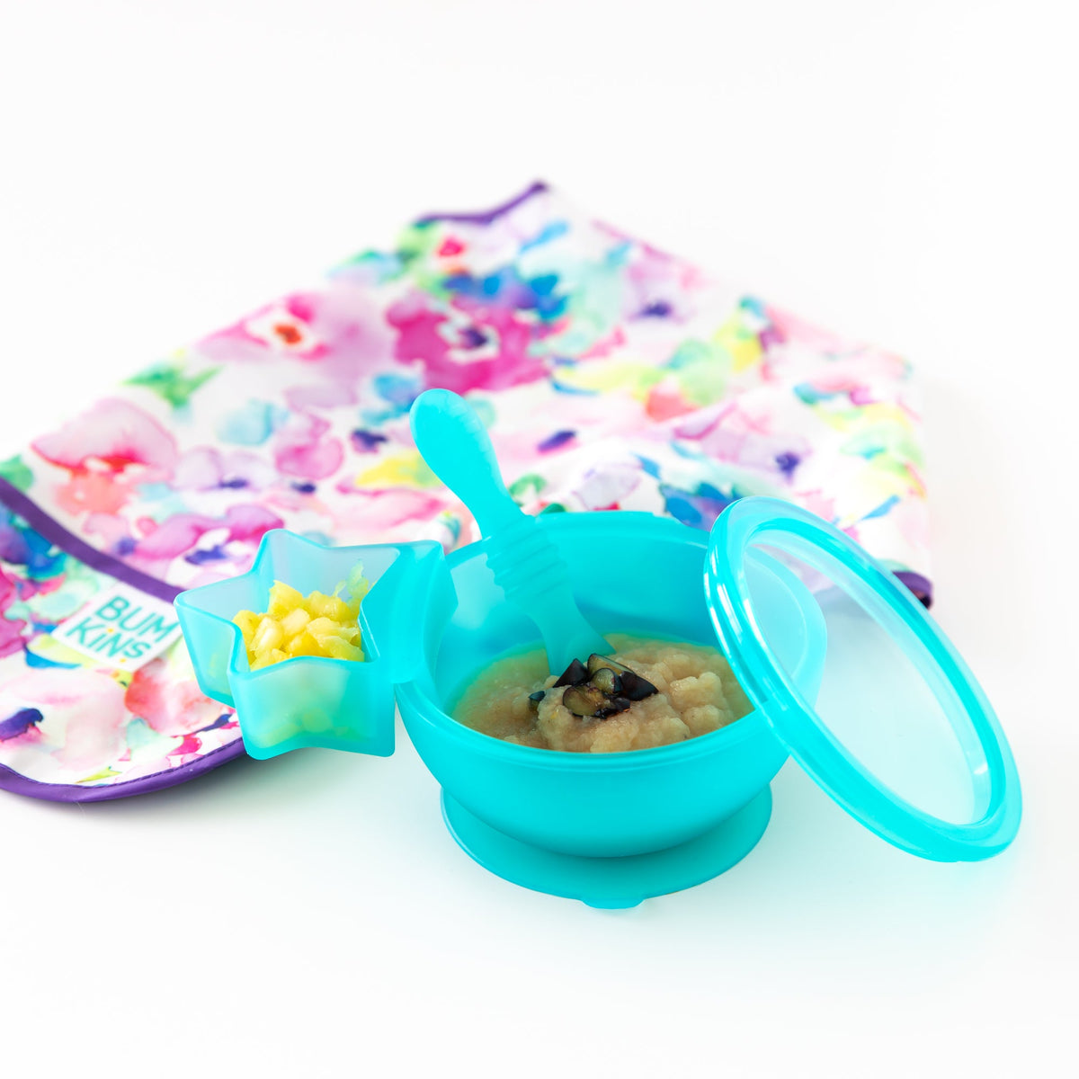 Silicone First Feeding Set, Blue Jelly | Bowl + Spoon + Lid | Bumkins