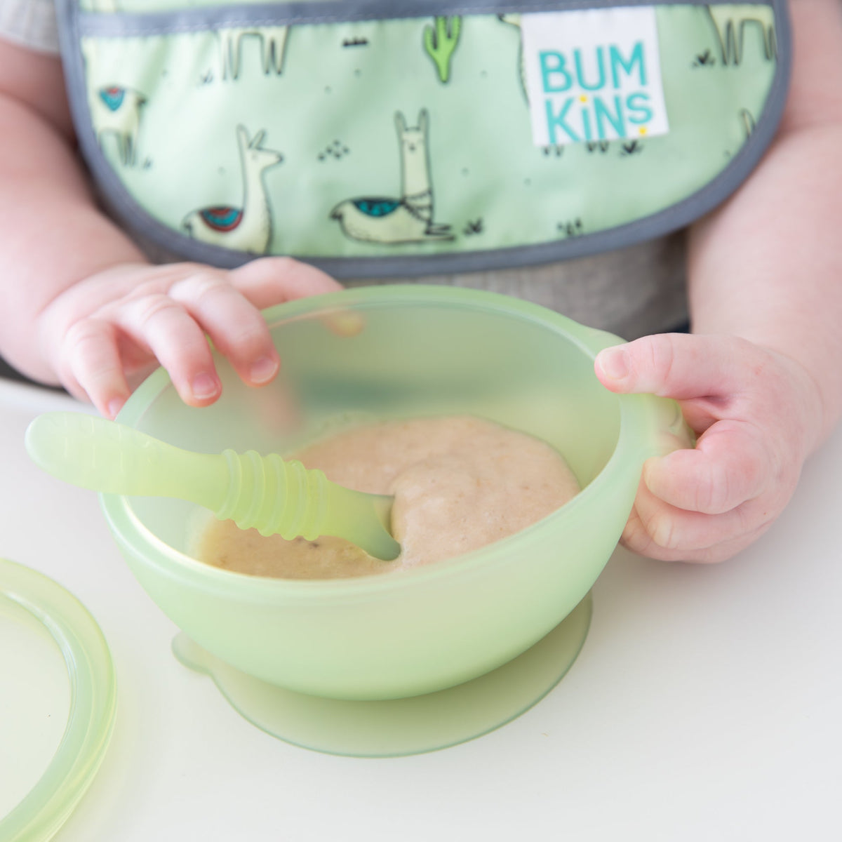 Silicone Suction Bowl + Spoon Set, Green Jelly | Bumkins