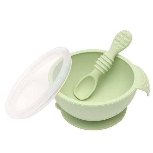 Sage Silicone First Feeding Set | Baby Bowl, Spoon + Lid | Bumkins