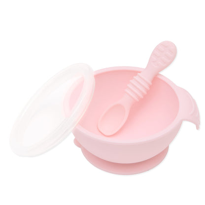 Pink Silicone Suction First Feeding Set with Bowl, Spoon + Lid | Bumkins