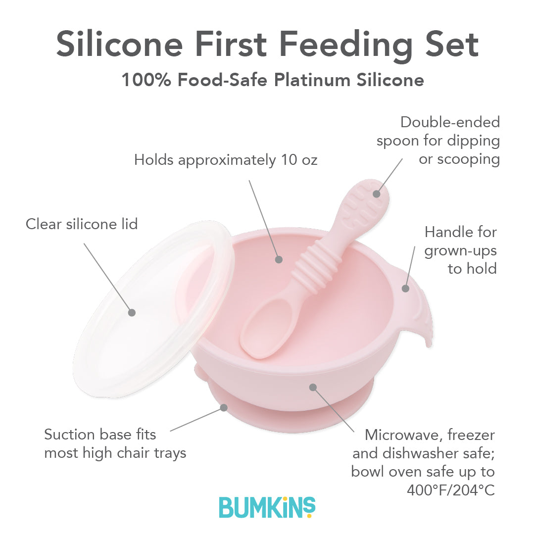 Pink Silicone Suction First Feeding Set with Bowl, Spoon + Lid | Bumkins