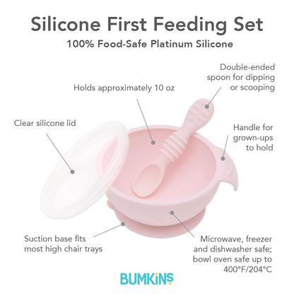 Pink Silicone Suction First Feeding Set with Bowl, Spoon + Lid | Bumkins