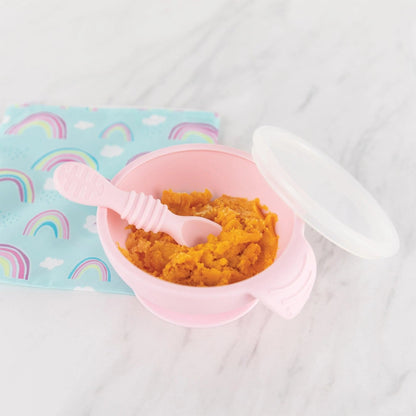 Pink Silicone Suction First Feeding Set with Bowl, Spoon + Lid | Bumkins