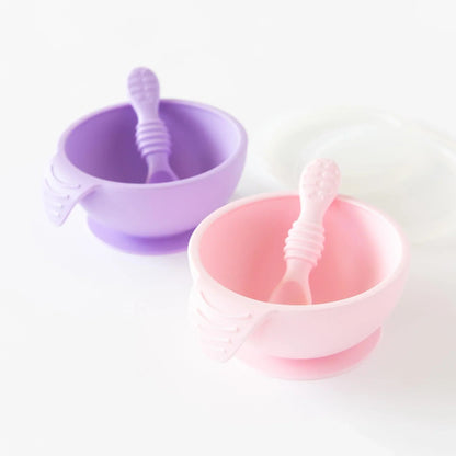 Pink Silicone Suction First Feeding Set with Bowl, Spoon + Lid | Bumkins