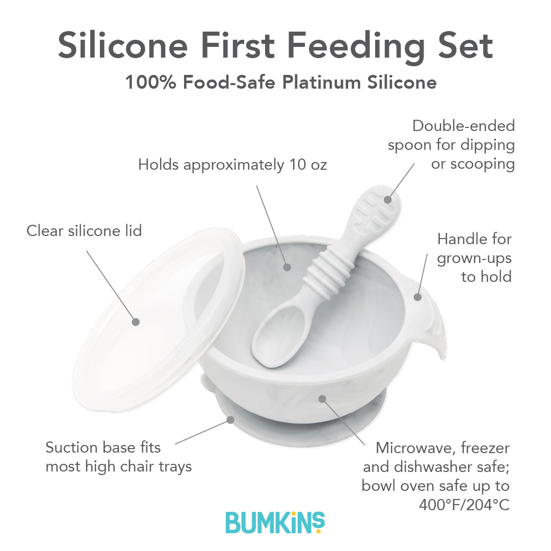 Marbled Silicone Baby Feeding Set with suction Bowl, Spoon + Lid | Bumkins