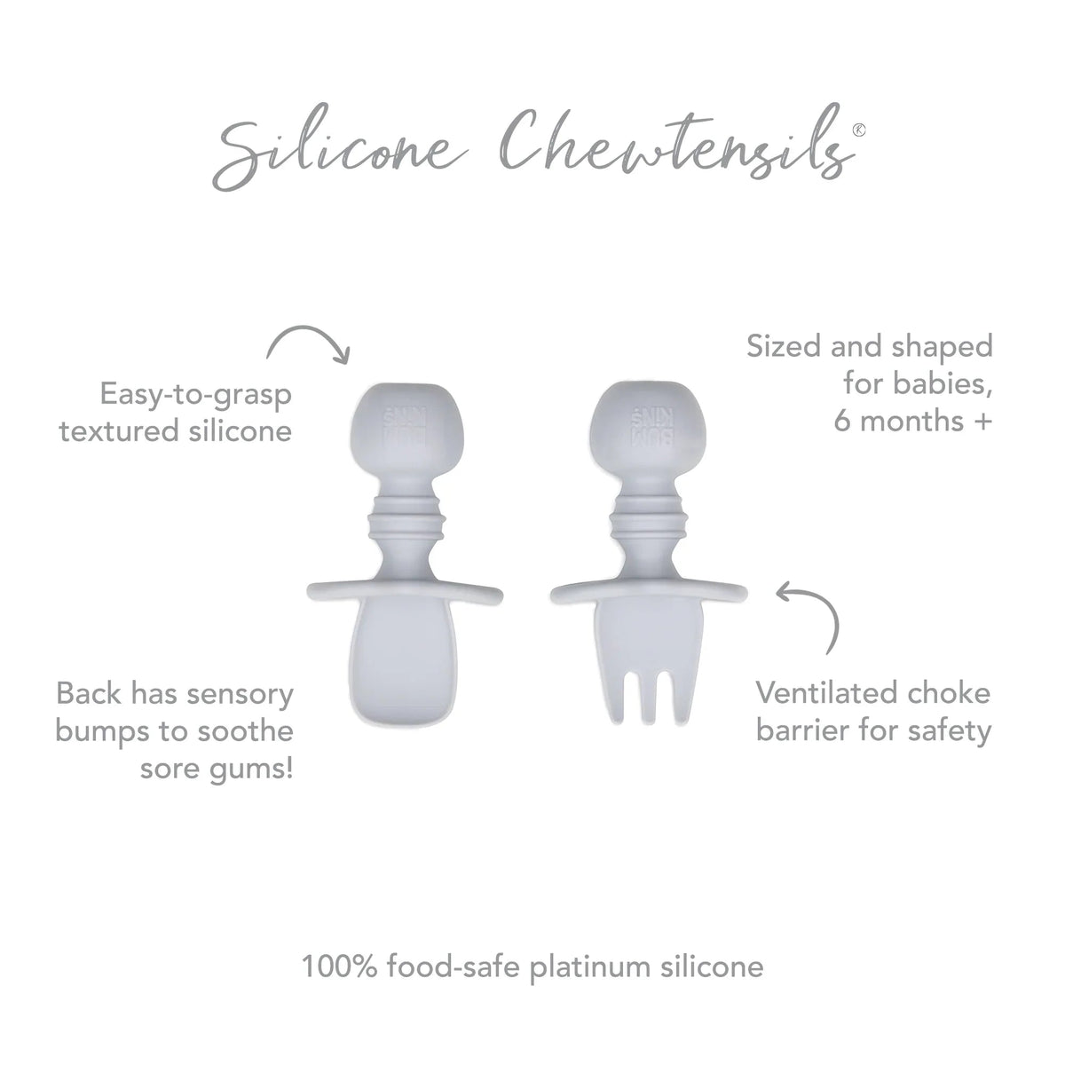 Chewtensils Silicone Baby Spoon and Fork Set – Gray Baby | Bumkins