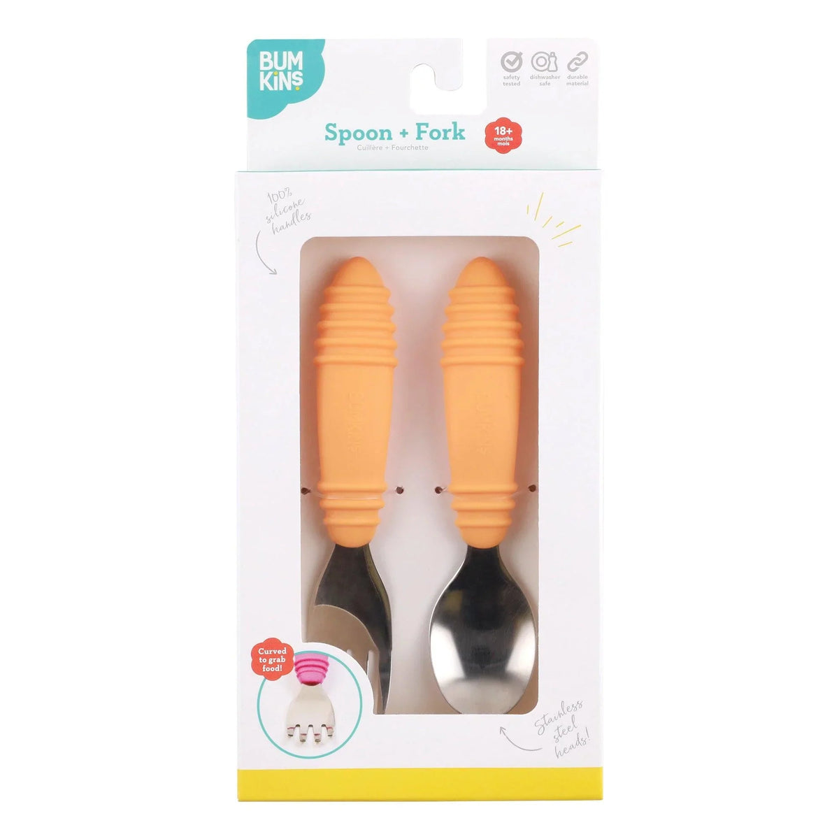 Stainless Steel & Silicone Spoon & Fork Set in Tangerine | Bumkins