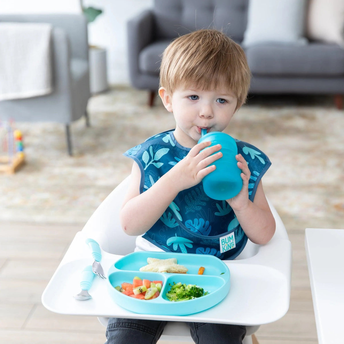 Silicone Toddler Cups with Sraws & Leak-Resistant Lid, Blue | Bumkins