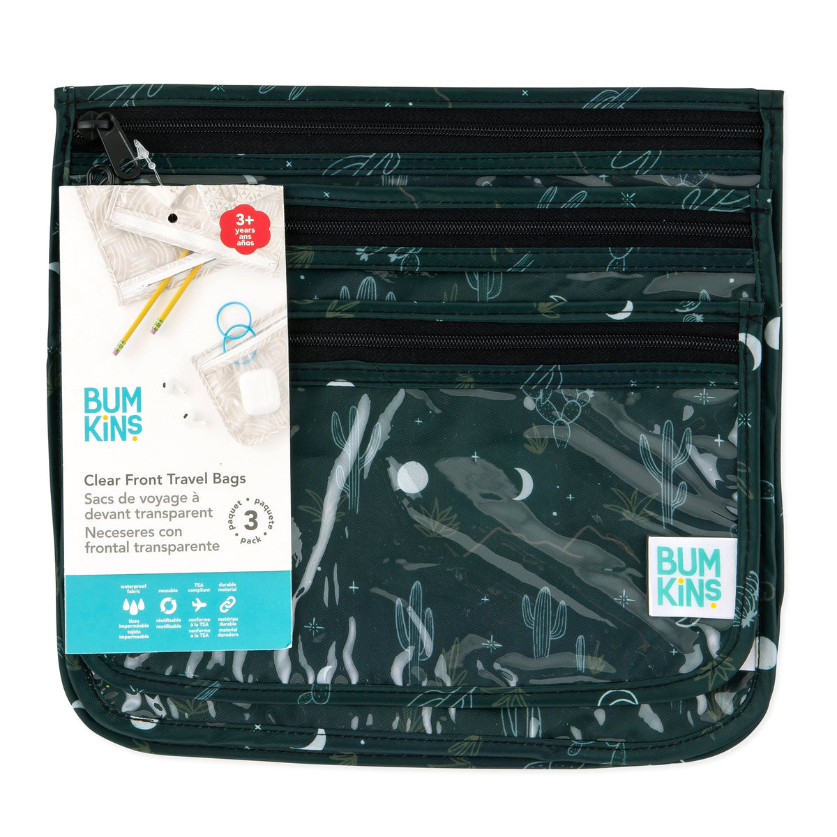 Starry Cactus Clear Travel Bag 3 Pack, TSA-Friendly | Bumkins
