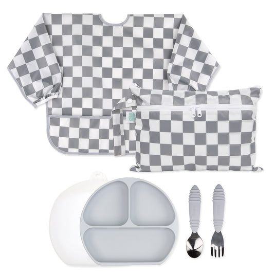 On-The-Go Mealtime 6-Piece Set: Charcoal Check + Grey | Bumkins