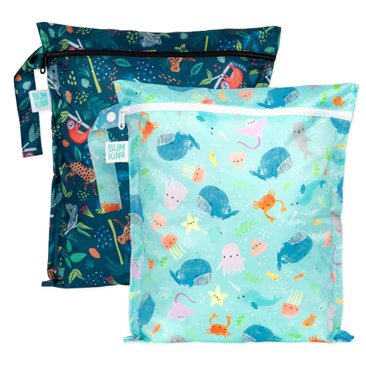 Wet Bag 2 Pack: Ocean Life and Jungle Prints | Waterproof | Bumkins