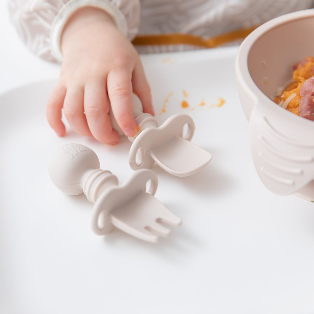 Silicone Forks and Spoons For Teething Babies in Sand | Bumkins
