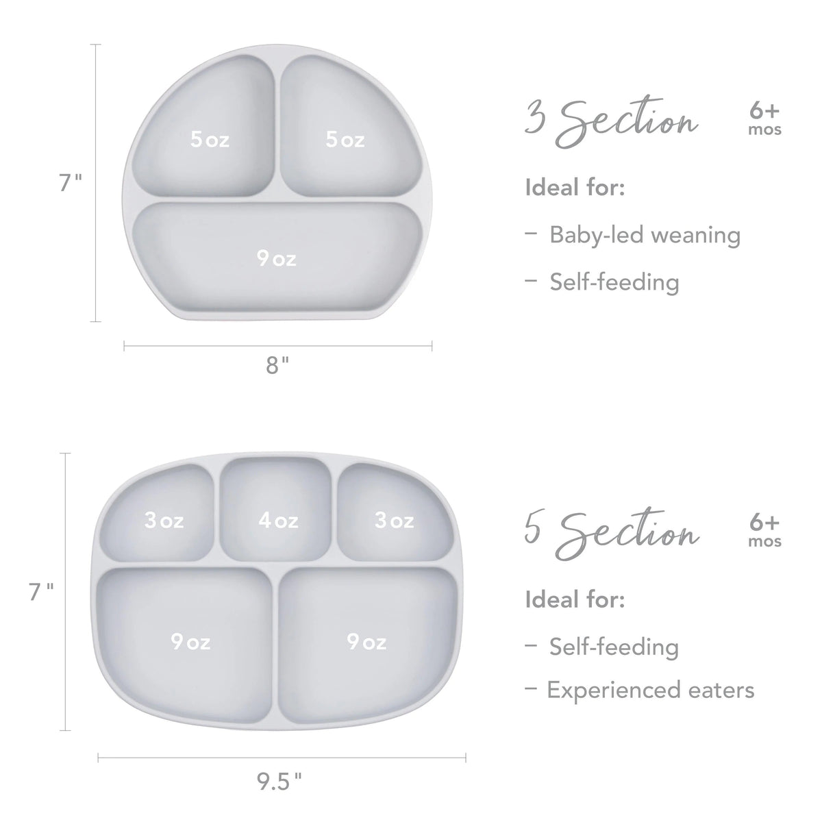 Gray Silicone Suction Divided Plates With Lids For Littles | Bumkins