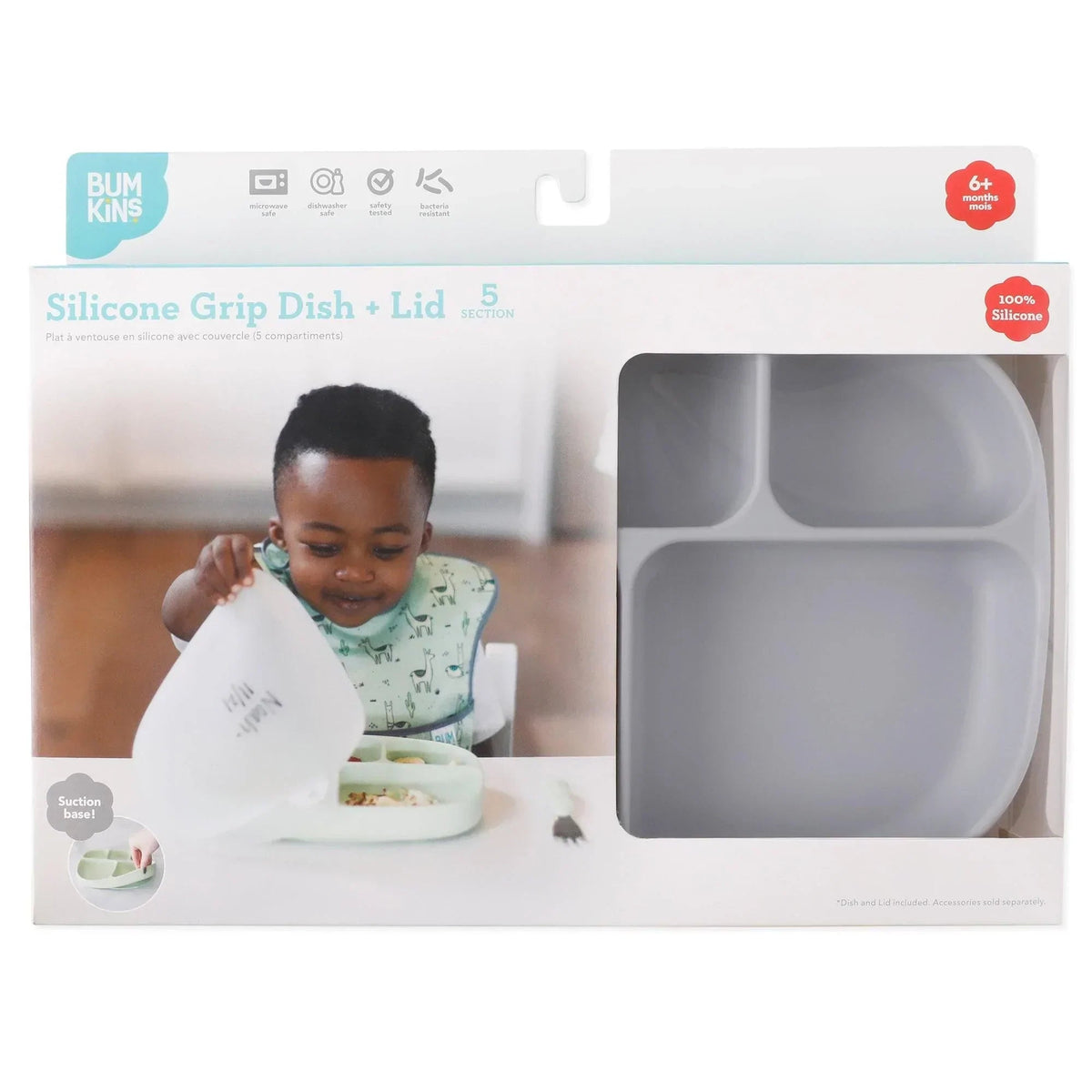 Gray Silicone Suction Divided Plates With Lids For Littles | Bumkins