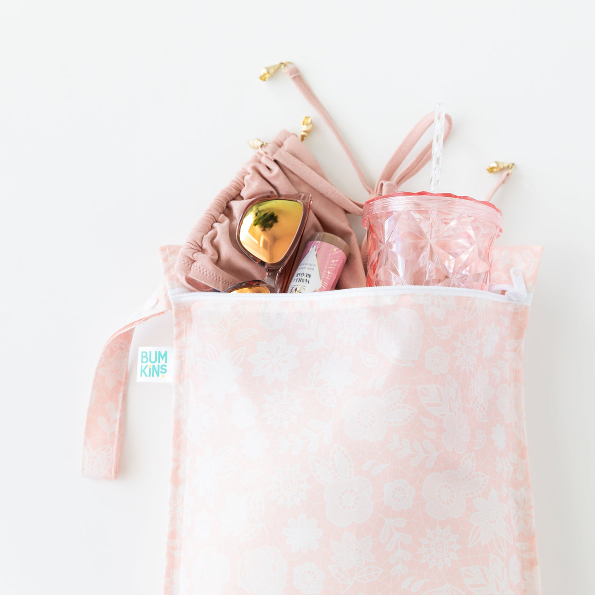 Soft Pink Lace-Print Wet Bag For Swimsuits, Diapers & More! | Bumkins