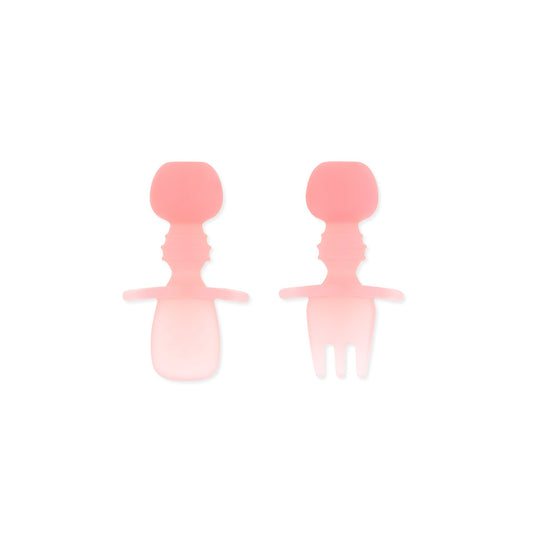 Soft Silicone Training Spoon + Fork for Babies, Pink Jelly | Bumkins