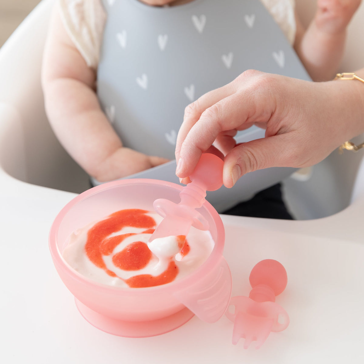 Soft Silicone Training Spoon + Fork for Babies, Pink Jelly | Bumkins