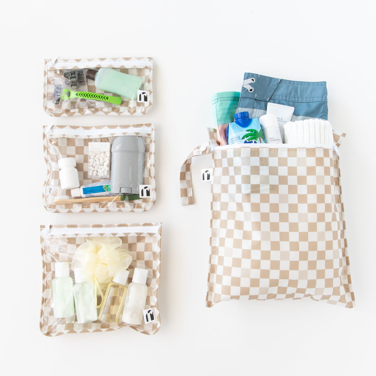 Beige Check 4-Piece Travel Bag Set, Waterproof, Lightweight | Bumkins