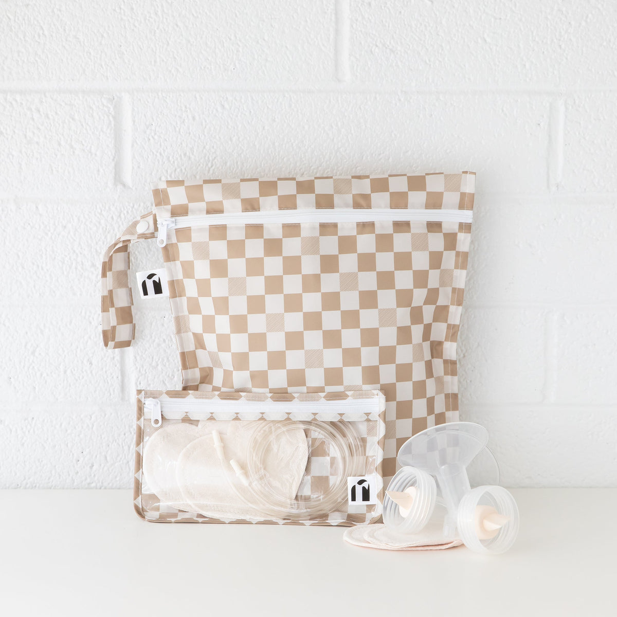 Beige Check 4-Piece Travel Bag Set, Waterproof, Lightweight | Bumkins