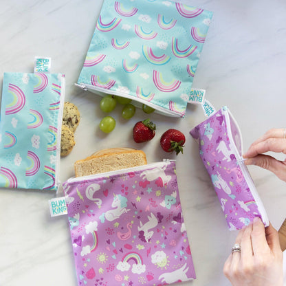 Reusable Snack Bags, Waterproof Fabric, BPA Free, 2-Pack – Unicorns & Rainbows Baby | Bumkins