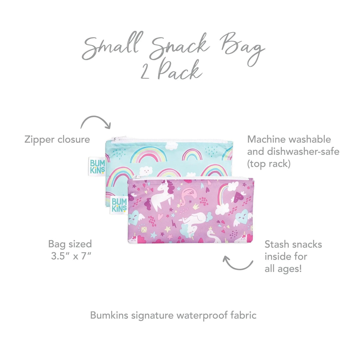 Reusable Snack Bags, Waterproof Fabric, BPA Free, 2-Pack – Unicorns & Rainbows Baby | Bumkins
