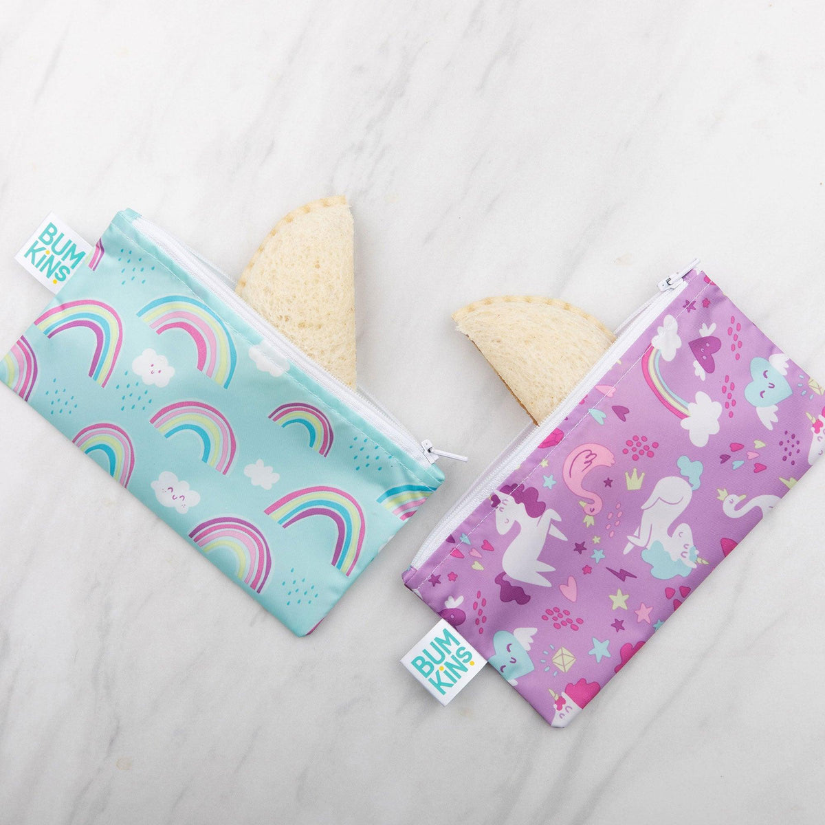 Reusable Snack Bags, Waterproof Fabric, BPA Free, 2-Pack – Unicorns & Rainbows Baby | Bumkins